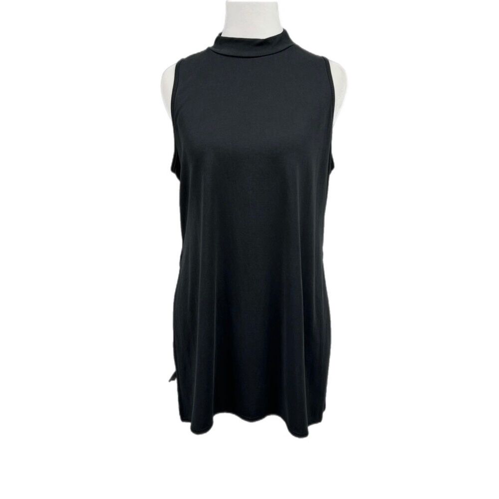 Mikey & Joey Mock Neck High Slit Minimalist Tank Blouse Sz L Black
